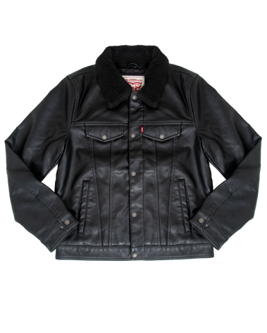 Faux Leather Sherpa Padded Jacket in Black