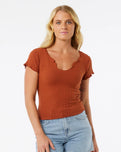 The Rip Curl Womens Soleil Textured Top in Dark Rust