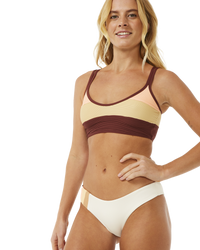 The Rip Curl Womens Block Party Spliced Cheeky Hip Bikini Bottoms in Bone