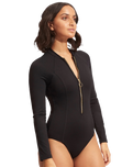 The Seafolly Womens Collective Zip Front Surfsuit (2023) in Black