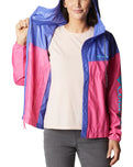 The Columbia Womens Flash Challenger Novelty Jacket in Wild Geranium, Purple Lotus & Atoll Logo