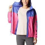 The Columbia Womens Flash Challenger Novelty Jacket in Wild Geranium, Purple Lotus & Atoll Logo