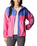 The Columbia Womens Flash Challenger Novelty Jacket in Wild Geranium, Purple Lotus & Atoll Logo