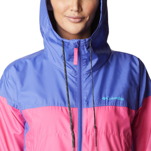 The Columbia Womens Flash Challenger Novelty Jacket in Wild Geranium, Purple Lotus & Atoll Logo