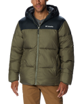 The Columbia Mens Puffect Hooded Jacket in Stone Green & Black