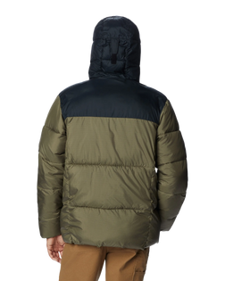 The Columbia Mens Puffect Hooded Jacket in Stone Green & Black