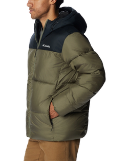 The Columbia Mens Puffect Hooded Jacket in Stone Green & Black