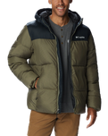 The Columbia Mens Puffect Hooded Jacket in Stone Green & Black