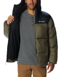 The Columbia Mens Puffect Hooded Jacket in Stone Green & Black