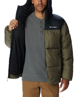 The Columbia Mens Puffect Hooded Jacket in Stone Green & Black