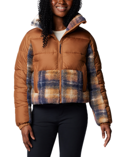 The Columbia Womens Leadbetter Point II Print Sherpa Hybrid Jacket in Camel Brown & Nocturnal Omblur Print