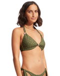 The Seafolly Womens Paradise Garden Knot Front Halter Bikini Top in Avocado