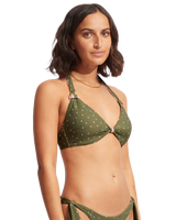 The Seafolly Womens Paradise Garden Knot Front Halter Bikini Top in Avocado