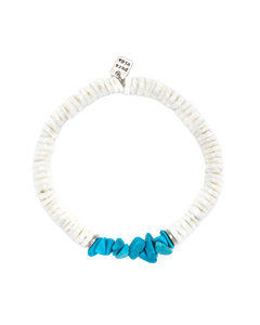 The Pura Vida Puka Shell Turquoise Stretch Bracelet in White
