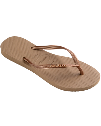 The Havaianas Womens Slim Logo Metallic Flip Flops in Rose Gold