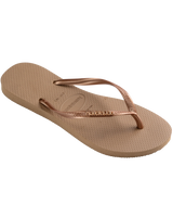 The Havaianas Womens Slim Logo Metallic Flip Flops in Rose Gold