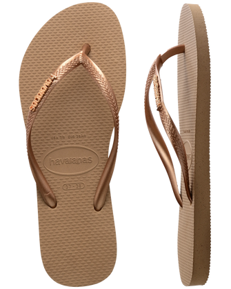 The Havaianas Womens Slim Logo Metallic Flip Flops in Rose Gold