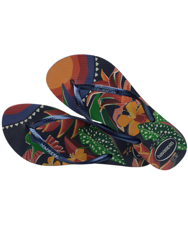 The Havaianas Womens Slim Tropical Flip Flops in Navy Blue