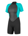 The O'Neill Womens Reactor-2 2mm Back Zip Shorty Wetsuit in Black & Light Aqua