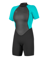 The O'Neill Womens Reactor-2 2mm Back Zip Shorty Wetsuit in Black & Light Aqua