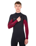 The O'Neill Mens HyperFreak Fire 5/4mm Chest Zip Wetsuit in Black & Dark Red