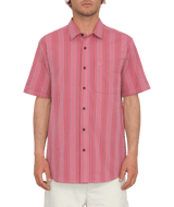 The Volcom Mens Newbar Stripe Shirt in Washed Ruby