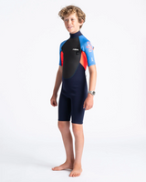 The C-Skins Boys Element 3/2mm Back Zip Shorty Wetsuit in Navy, Flo Red & Blue Tie Dye