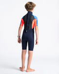 The C-Skins Boys Element 3/2mm Back Zip Shorty Wetsuit in Navy, Flo Red & Blue Tie Dye