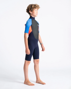 The C-Skins Boys Element 3/2mm Back Zip Shorty Wetsuit in Navy, Flo Red & Blue Tie Dye