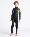 The C-Skins Boys Element 3/2mm Back Zip Wetsuit in Anthracite, Yellow & Black Tie Dye