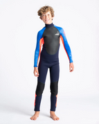 The C-Skins Boys Element 3/2mm Back Zip Wetsuit in Navy, Flo Red & Blue Tie Dye