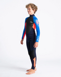 The C-Skins Boys Element 3/2mm Back Zip Wetsuit in Navy, Flo Red & Blue Tie Dye