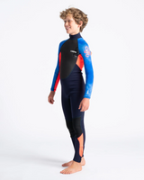 The C-Skins Boys Element 3/2mm Back Zip Wetsuit in Navy, Flo Red & Blue Tie Dye