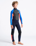 The C-Skins Boys Element 3/2mm Back Zip Wetsuit in Navy, Flo Red & Blue Tie Dye