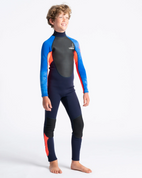 The C-Skins Boys Element 3/2mm Back Zip Wetsuit in Navy, Flo Red & Blue Tie Dye