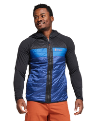 The Cotopaxi Mens Capa Hybrid Insulated Hooded Jacket in Black & Maritime