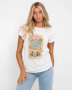 The Born by the Sea Womens Cornwall Arch T-Shirt in Stone Washed White