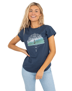 The Born by the Sea Womens Photo Mandala T-Shirt in Denim Blue