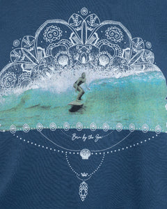 The Born by the Sea Womens Photo Mandala T-Shirt in Denim Blue