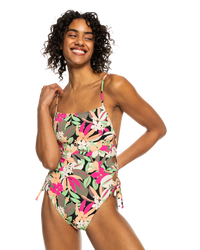 The Roxy Womens Beach Classic Lace Up Swimsuit in Anthracite Palm