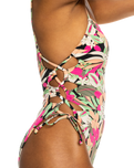 The Roxy Womens Beach Classic Lace Up Swimsuit in Anthracite Palm