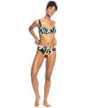 The Roxy Womens Color Jam Mod Mid Waist Bikini Bottoms in Anthracite Flower Jammin