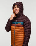 The Cotopaxi Mens Fuego Down Hooded Jacket in Coffee and Sienna