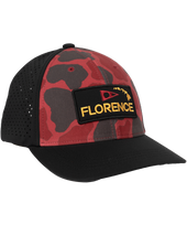 The Florence Marine X Mens Camo Airtex Trucker Cap in Maroon Camo