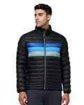 The Cotopaxi Mens Fuego Down Jacket in Black & Pacific Stripe