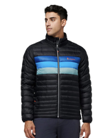 The Cotopaxi Mens Fuego Down Jacket in Black & Pacific Stripe