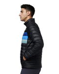 The Cotopaxi Mens Fuego Down Jacket in Black & Pacific Stripe