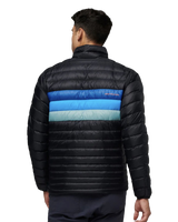 The Cotopaxi Mens Fuego Down Jacket in Black & Pacific Stripe