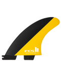 The FCS FCS II Mick Fanning PC Tri Surfboard Fins in Black & Mango