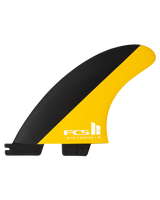 The FCS FCS II Mick Fanning PC Tri Surfboard Fins in Black & Mango